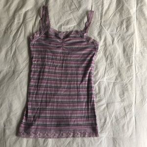 Purple lace trim striped cami tank top